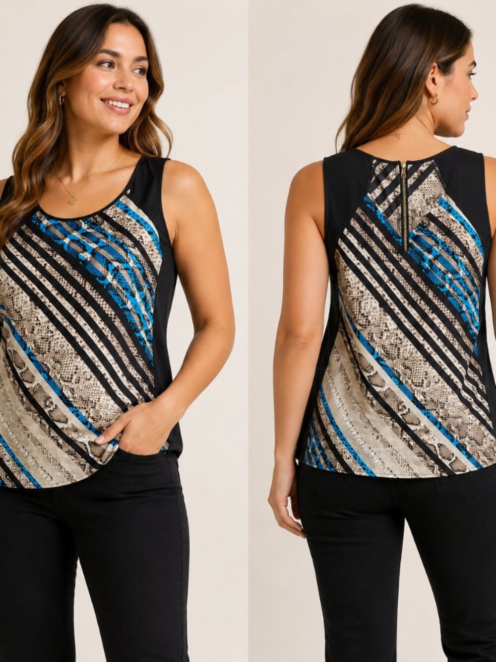 Amanda Green Women’s Sleeveless Animal Print Blouse Size M Blue Black Beige Abst
